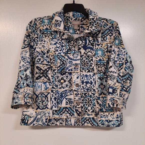 Chico's Size 2 Button Up Blazer Jacket Blue White Medallion 3/4 Sleeve Sz L Arts - Picture 5 of 14
